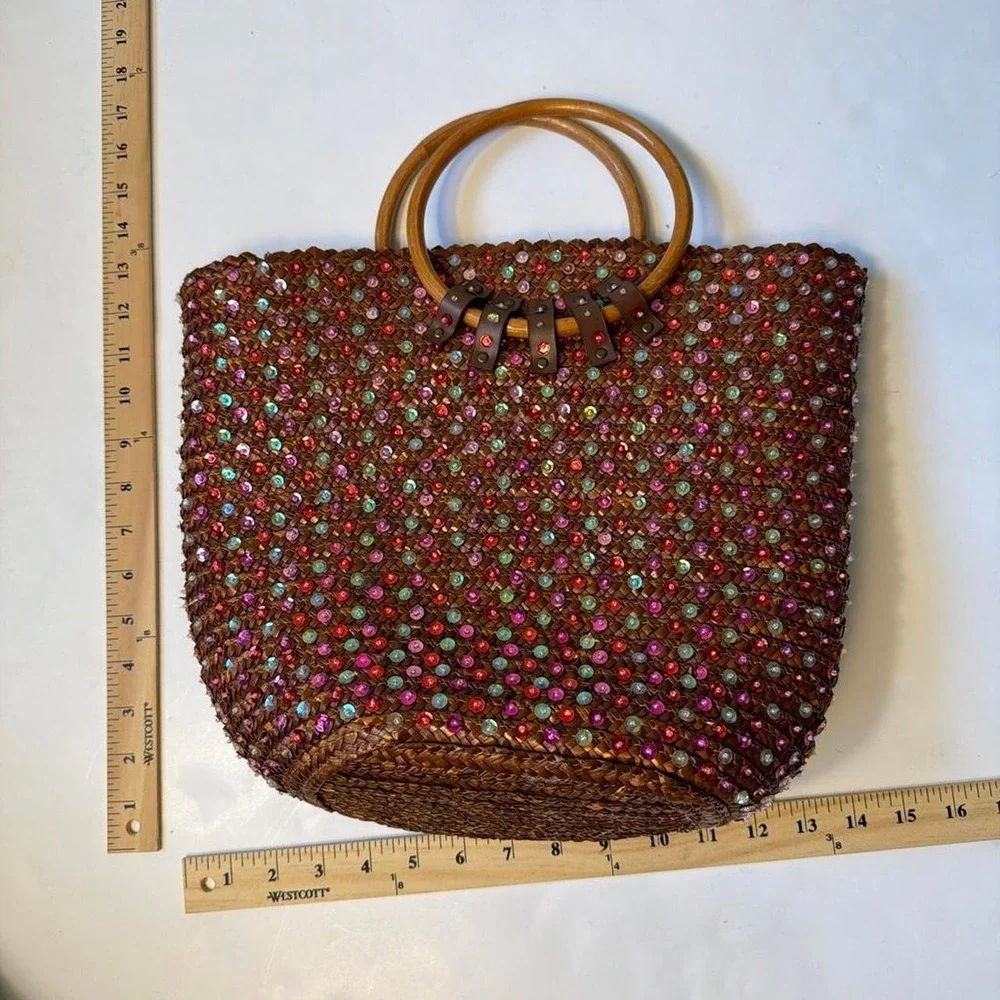 Victoria's Secret Y2K Woven Sequin Beach Tote Bag Wood Handle Brown Pink McBling